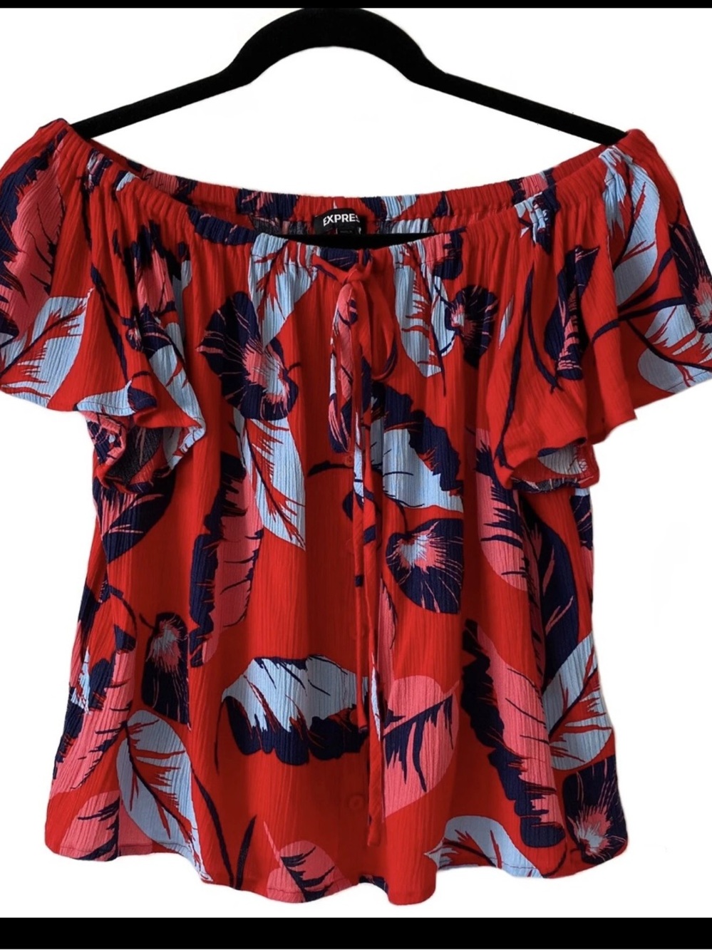 Express Women's Red Floral Off-Shoulder Tunic with Navy and Light Blue Print. M